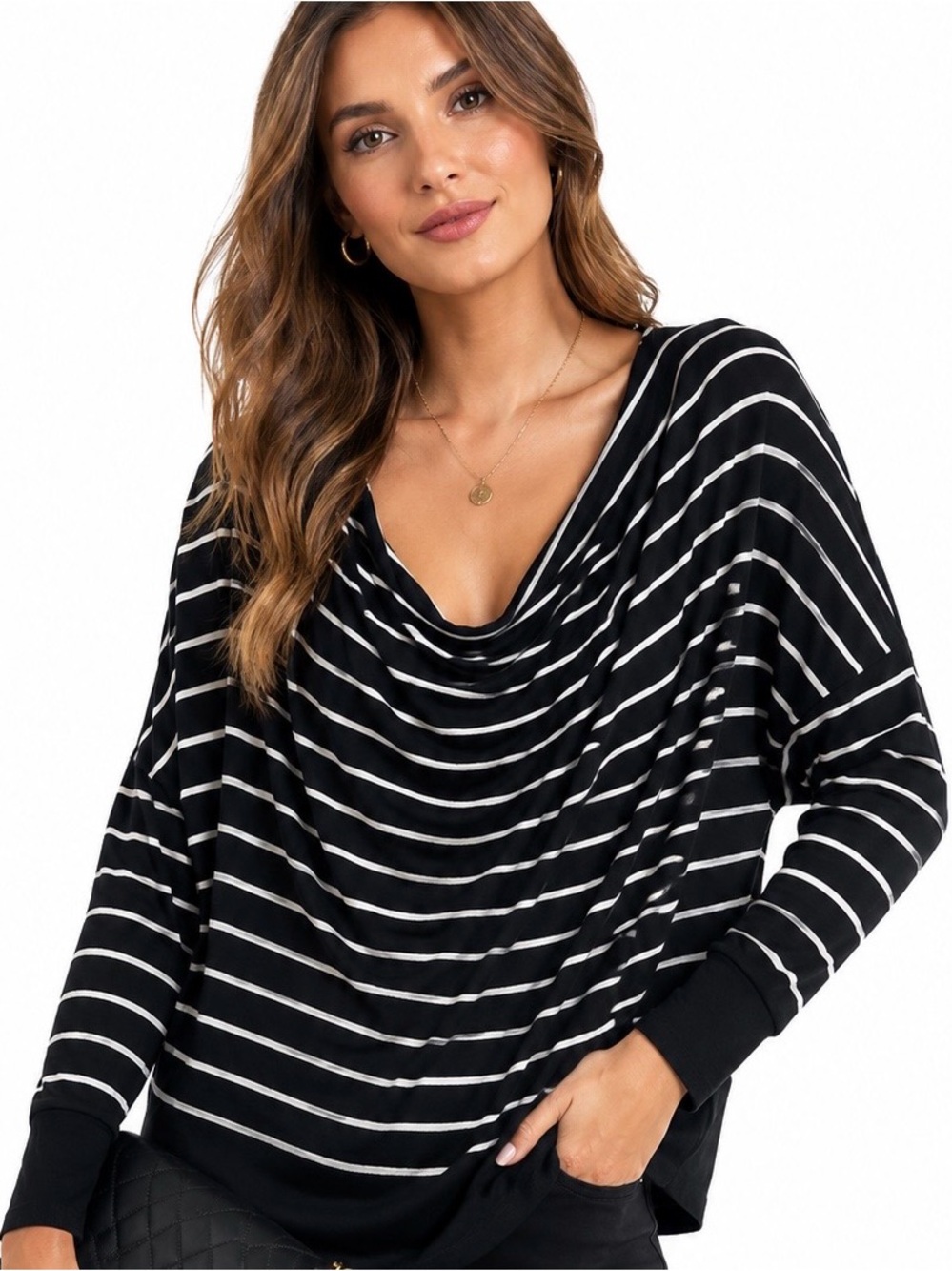 HM cowl draped striped coastal slouchy navy blue resortwear knit top best fits L